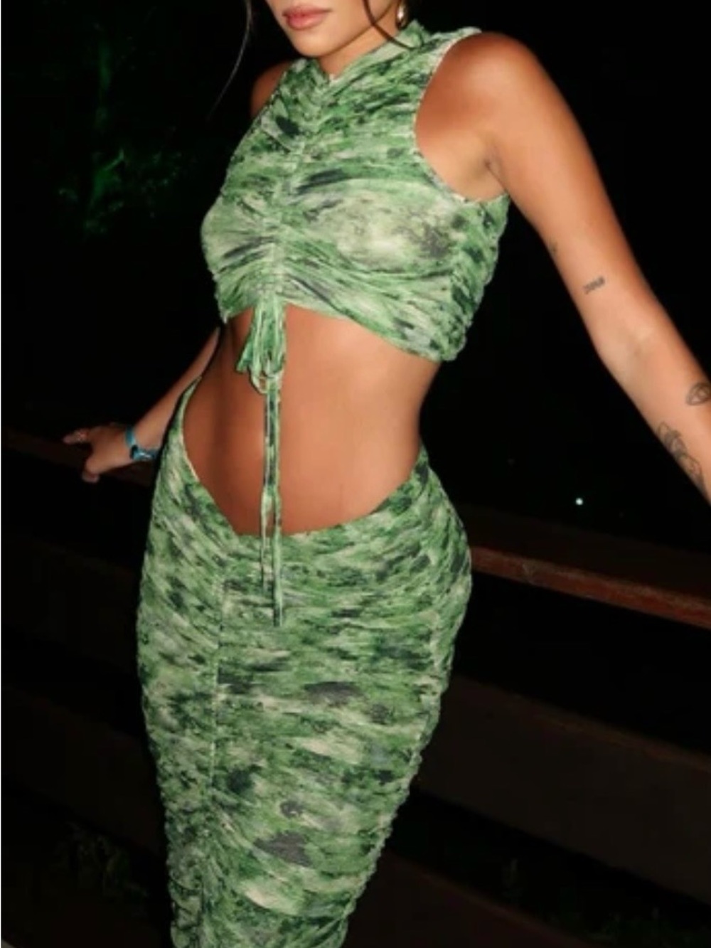 Fashion Nova Green Ruched Mesh Matching Set | Sleeveless Top & Drawstring Midi S
